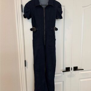 Women's Navy Short-Sleeve Zip-Front Utility Jumpsuit